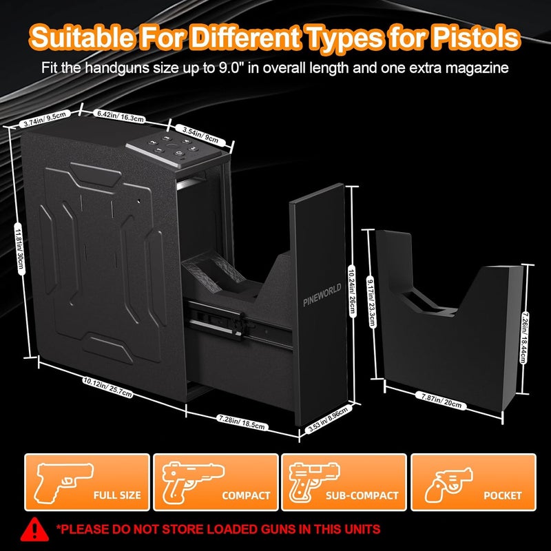 PINEWORLD Gun Safe For Handgun, Biometric Slider Bedside Handgun Safe, Pistol Lock Case for Nightstand,Sliding Door Hand Gun Safe for Pistol -with 3 Quick Access Fingerprint, PIN Code, KEY - Image 5